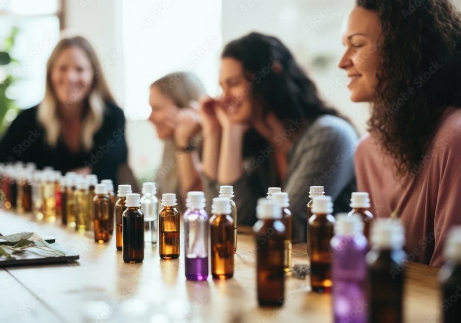 Women smelling and comparing essential oils during an aromatherapy workshop