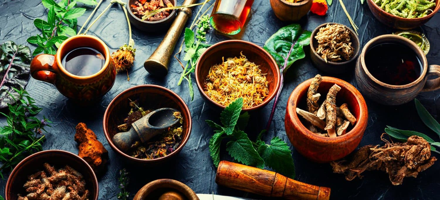 Bowls of Ayurvedic spices, roots and herbs with a mortar