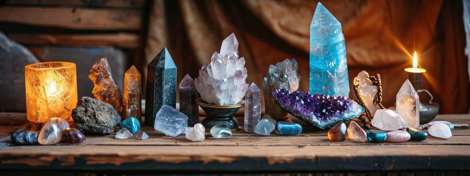 Collection of quartz, amethyst and other crystals on a wooden table
