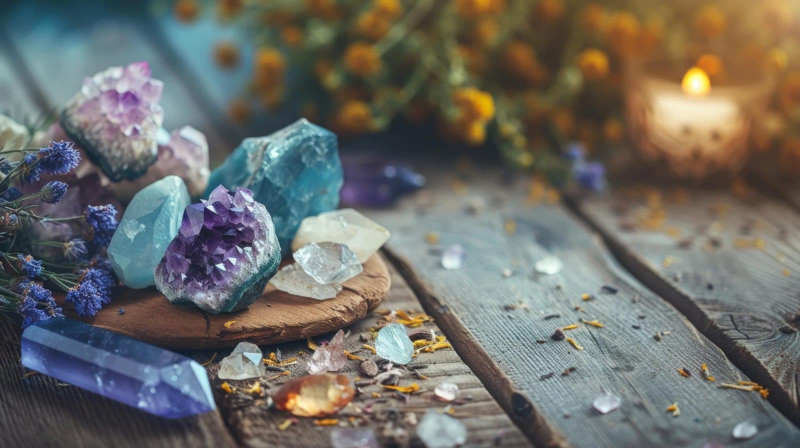 Amethyst and blue crystals laid out on weathered wood