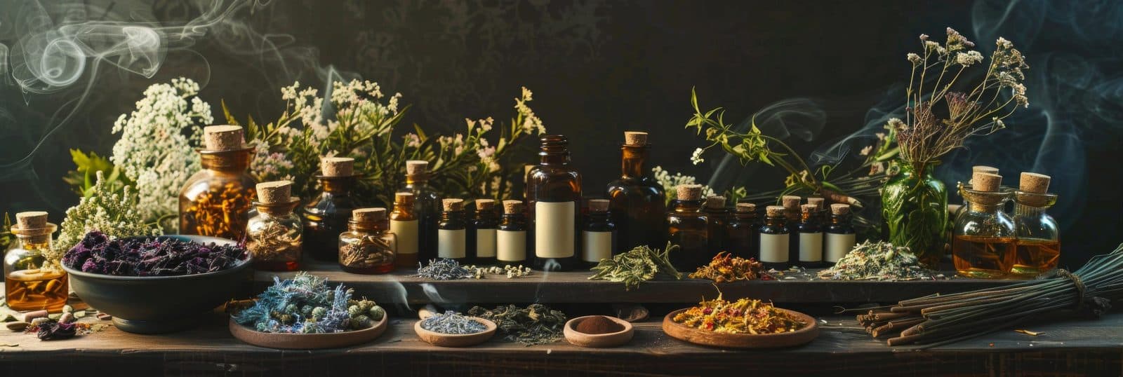 Apothecary table of dried herbs and tincture bottles